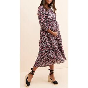 NOM Maternity Aurora Dress Midi boho peasant Floral Tiered Nursing Smocked Cuffs
